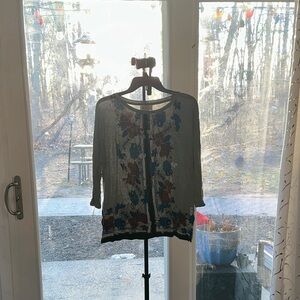 Liz Claiborne Gray Button-Down Top with Blue and Rust Floral Embroidery